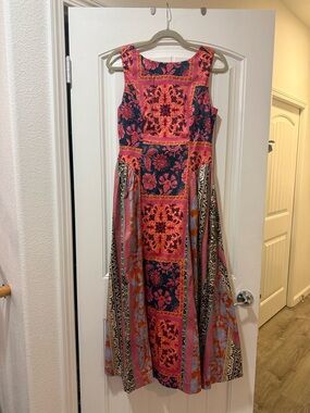 Avec Les Filles Coral & Navy Patchwork Maxi Dress